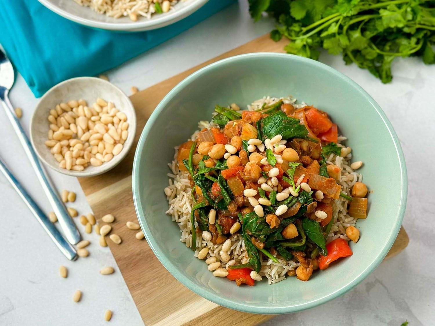 Chickpea curry with rice in bowl