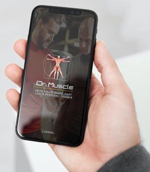 Hand holding Dr. Muscle fitness app