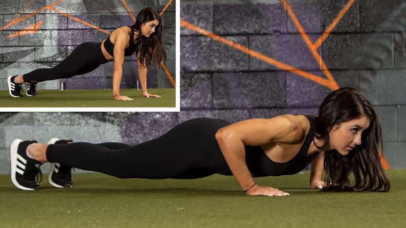 Woman doing pushup on floor