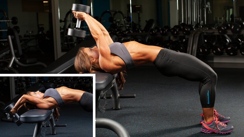 Woman performing dumbbell pullover exercise