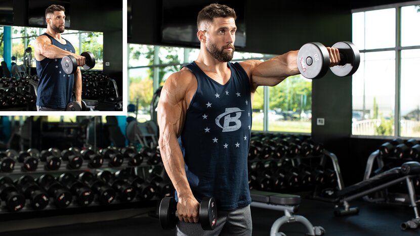 Man performing dumbbell front raise