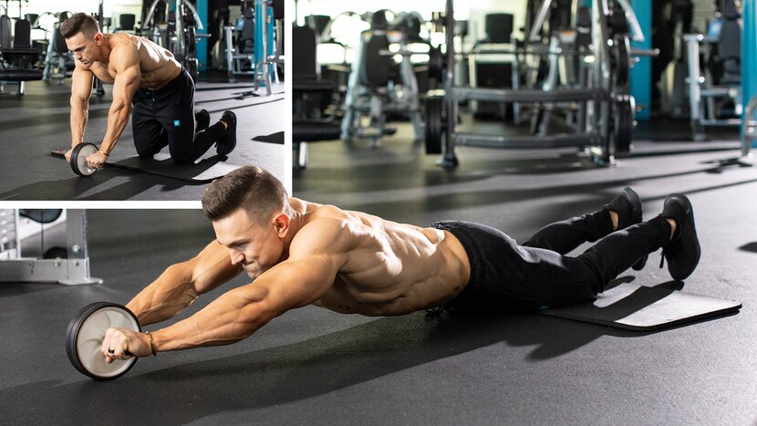 Man performing ab wheel exercise