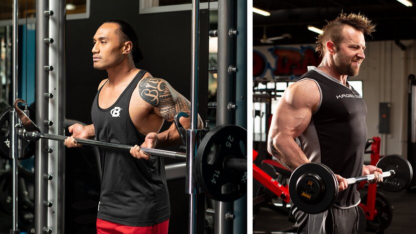 Man performs barbell drag curl