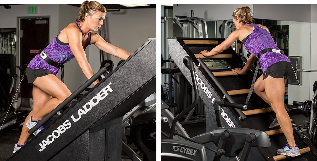 Woman climbing gym's ladder exercise machine