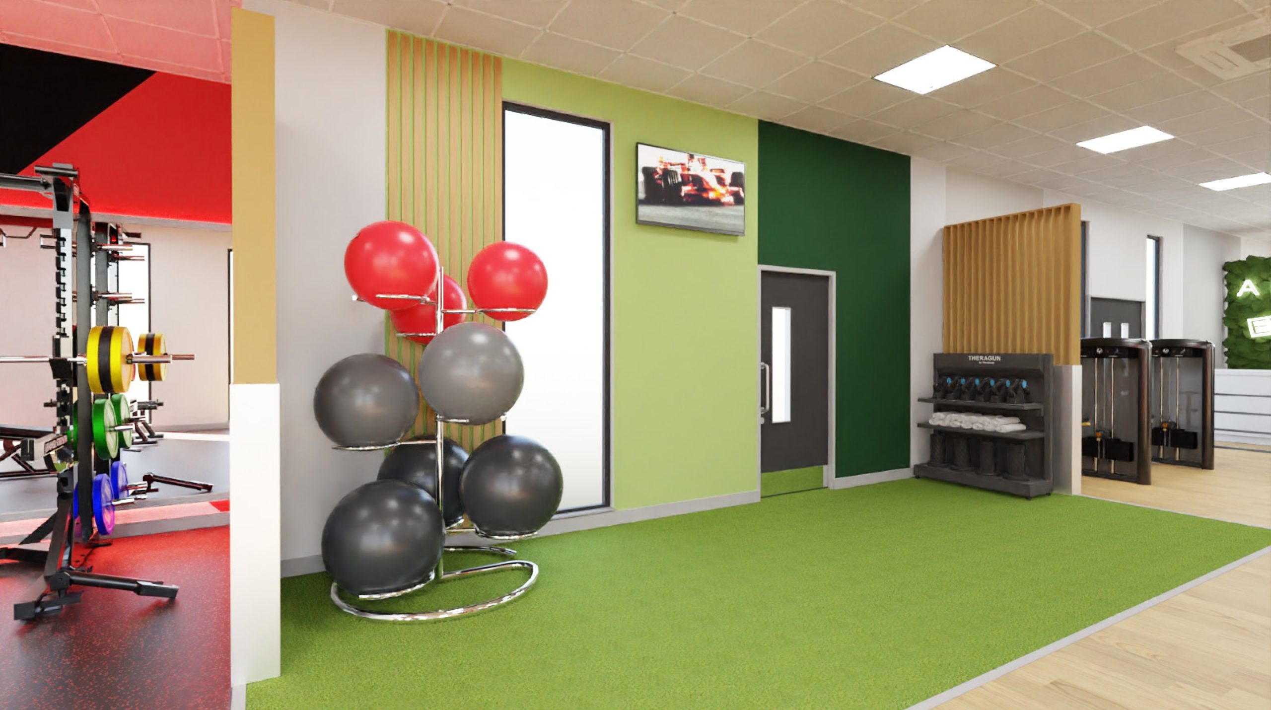 Gym stretch area with exercise equipment