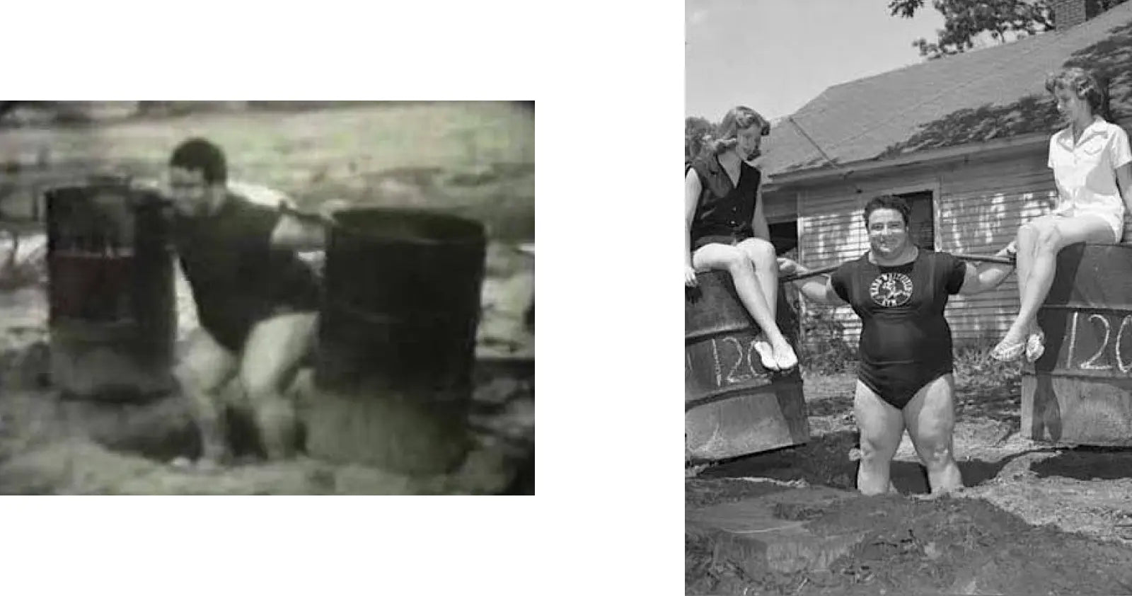 Man lifting large barrel outside