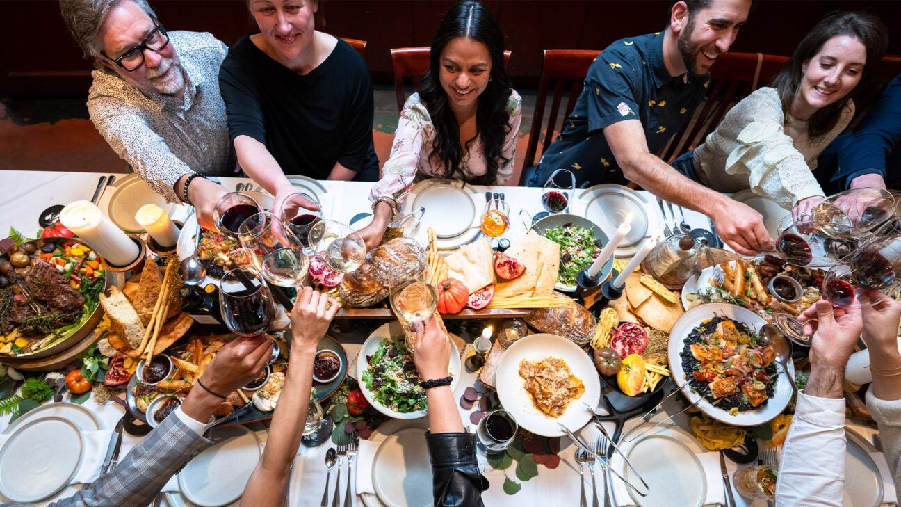 Overhead view of holiday dinner table