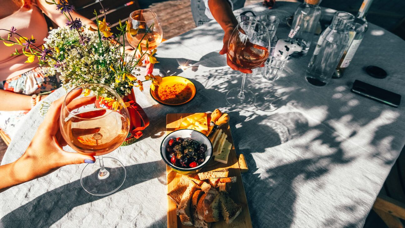 Table setting with wine and dishes