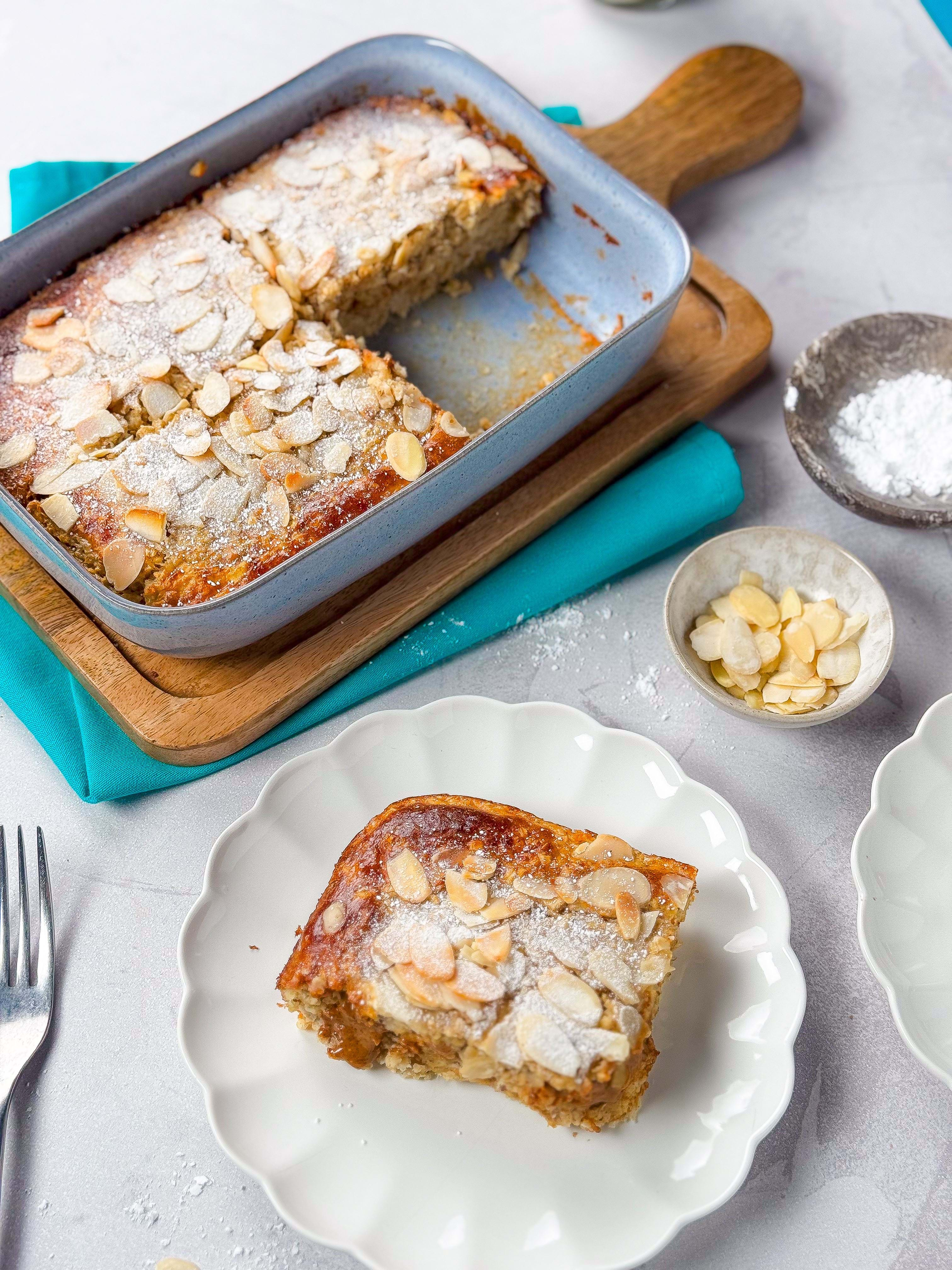 Almond croissant oats in baking dish