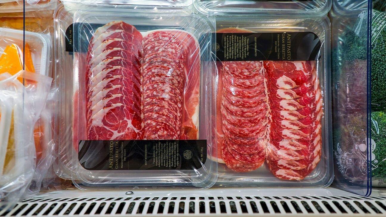 Packaged salami slices on display