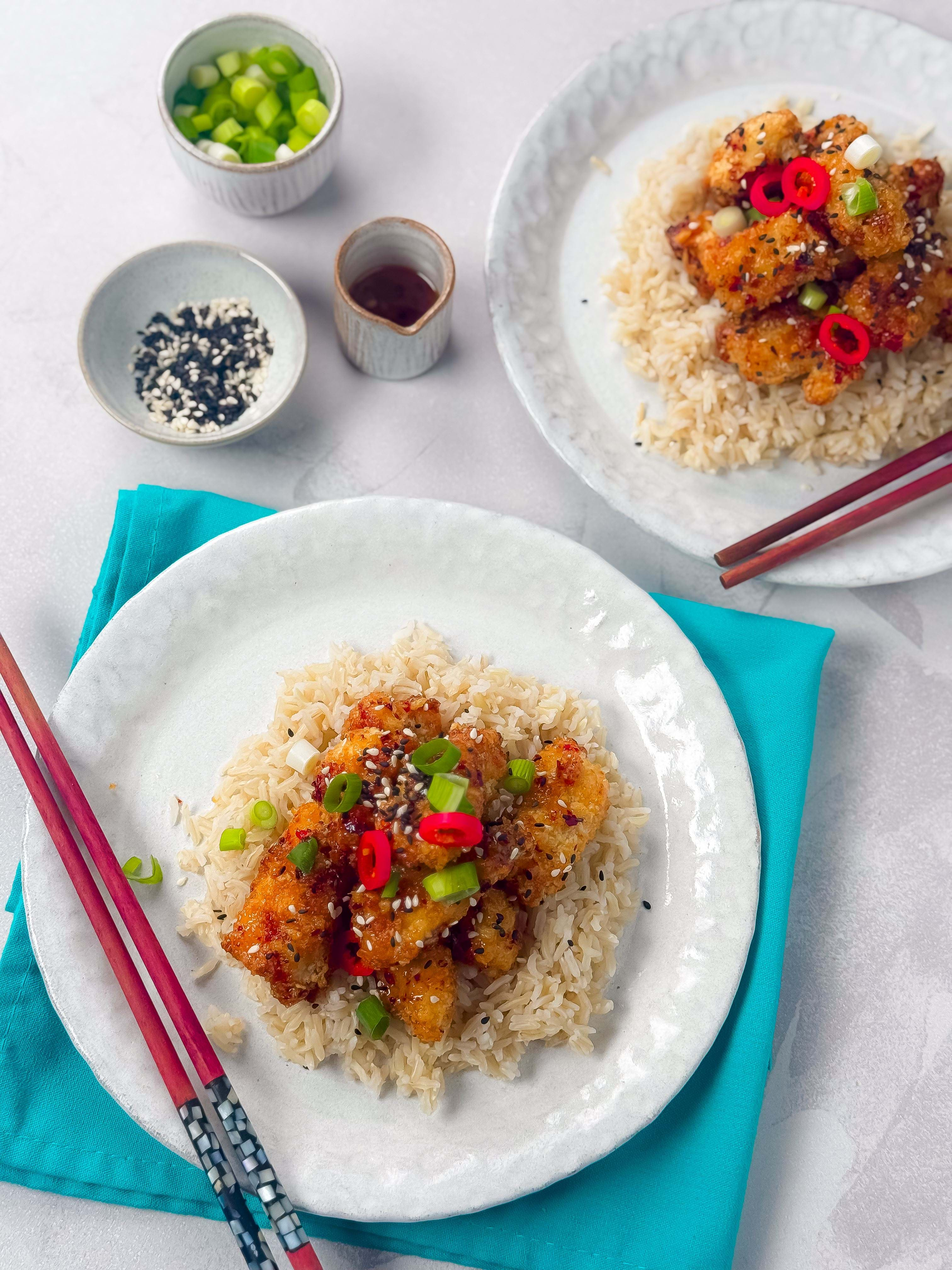 Sweet chili chicken on white plate