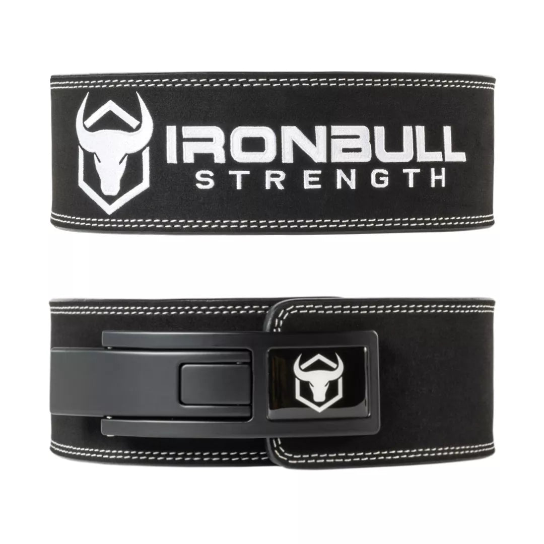 Black leather powerlifting belt with buckle