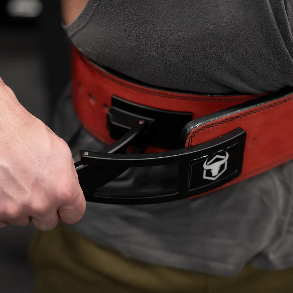 Black leather weightlifting belt with lever