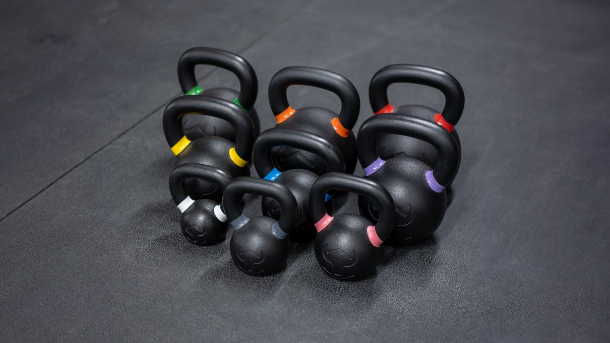 Colorful kettlebells of different sizes