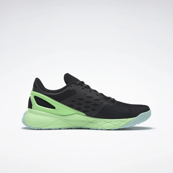 Black and green running shoe