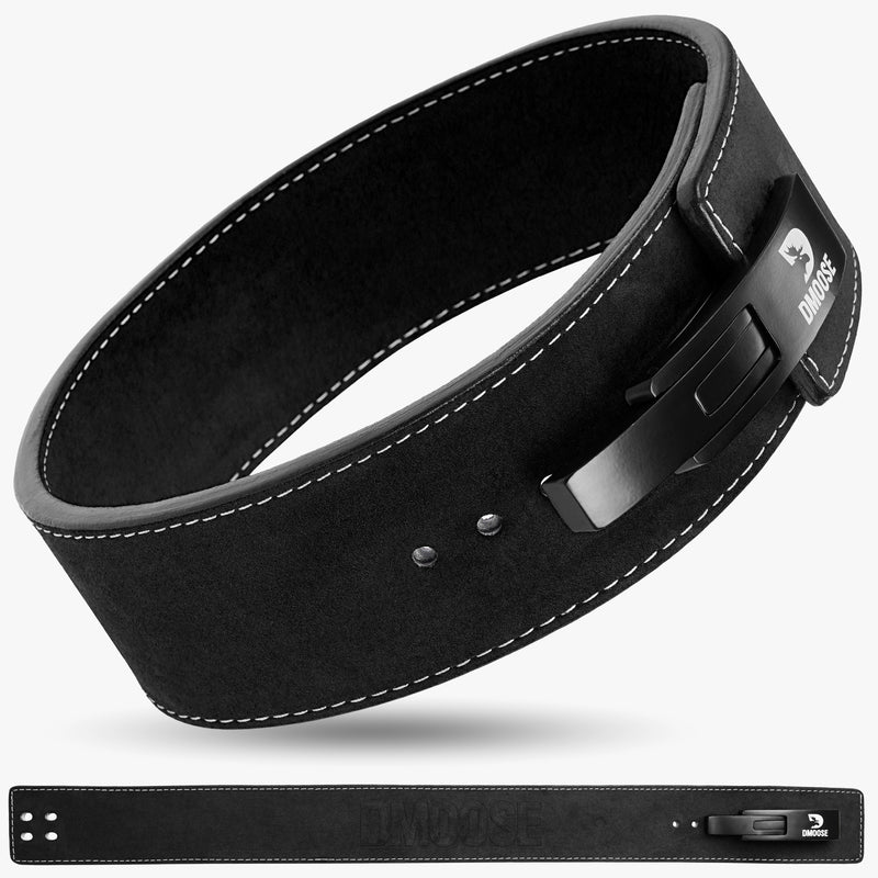 Black leather weightlifting belt with lever